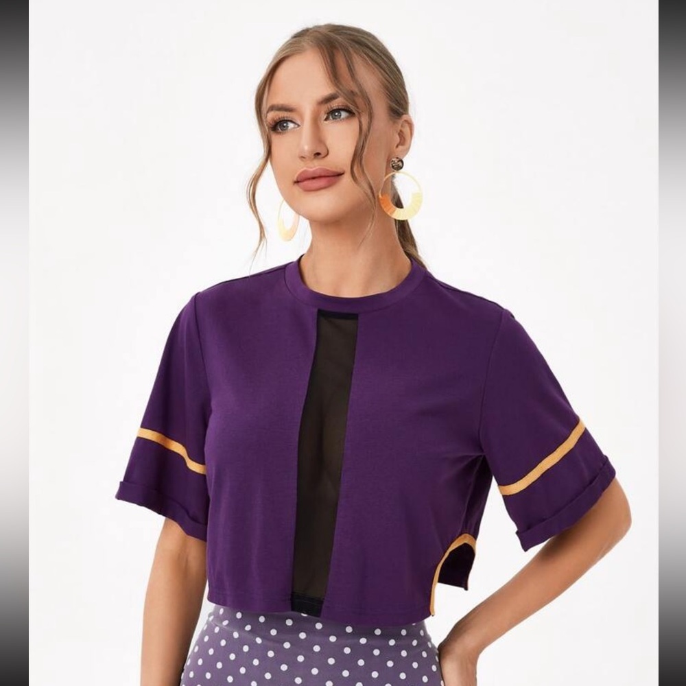 SHEIN Women Sheer Mesh Insert Purple Crop Top Short sleeve Shirt Size XS